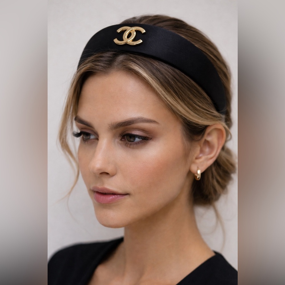 CHANEL Black Headband with Gold Logo Accent